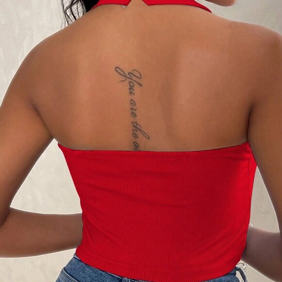 Red Elegant Women's Ribbed Slim Sexy Halter Neck Tank Top - Picture 2 of 3